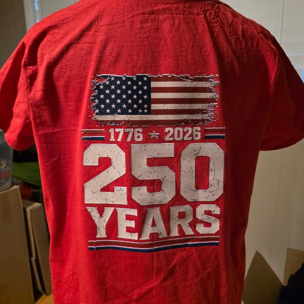 Completed red USA 250 shirt with a large American flag and 250 Years back design