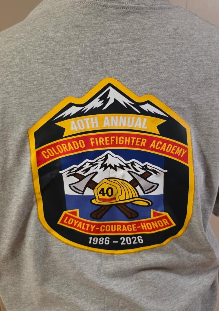 Completed gray Colorado Firefighter Academy 40th annual commemorative shirt