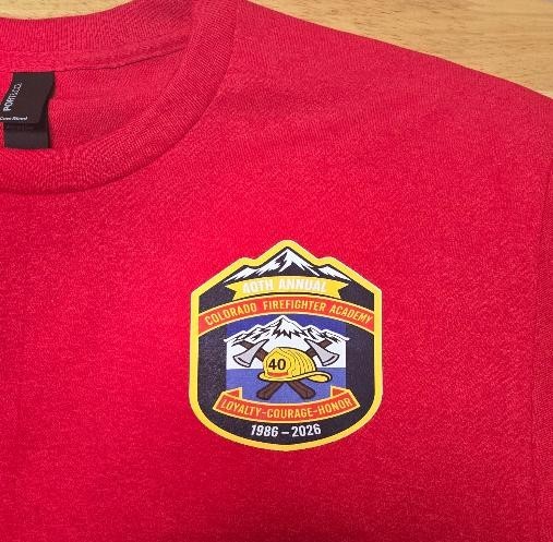 Completed red Colorado Firefighter Academy instructor shirt with a 40th Anniversary front chest design