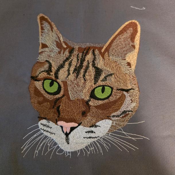 Detailed multicolor embroidered cat design showing fine stitching, shading, and color detail