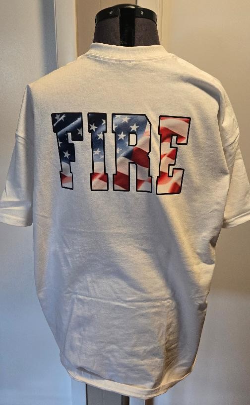 Completed white FIRE shirt with large American flag-inspired back design