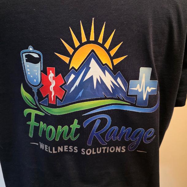 Completed black Front Range Wellness Solutions shirt with a detailed full-color DTF design
