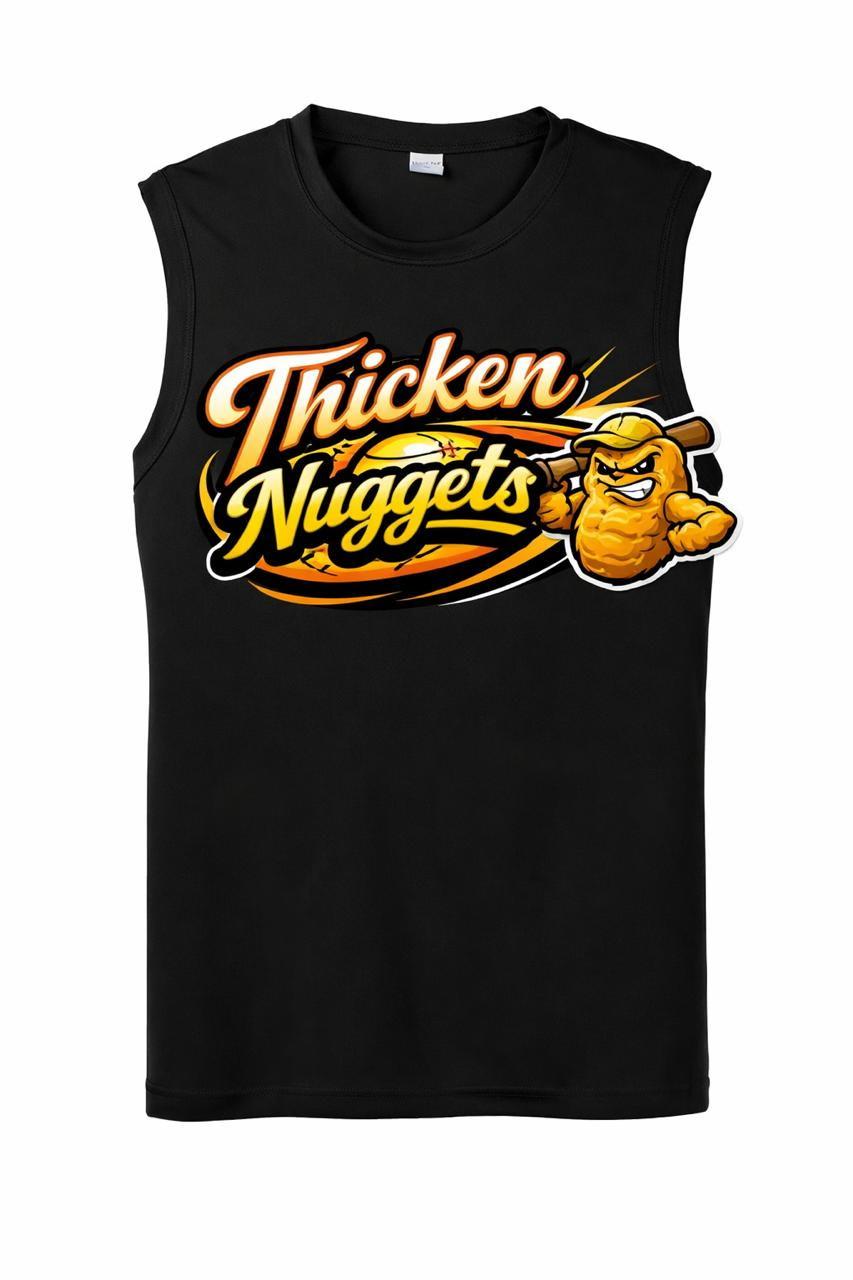 Completed black Thicken Nuggets garment with full-color front graphic