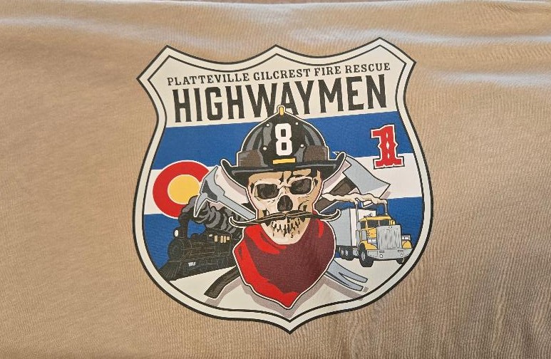 Completed Platteville-Gilcrest Fire Rescue Station 1 Highwaymen shirt with a large DTF back design