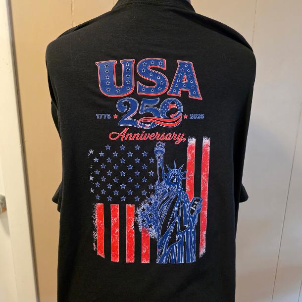 Completed black USA 250 anniversary shirt with a large Statue of Liberty and American flag back design