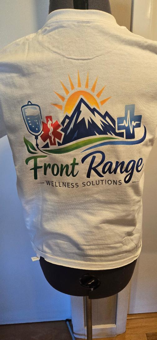 Completed Front Range Wellness Solutions shirt with a large full-color back design