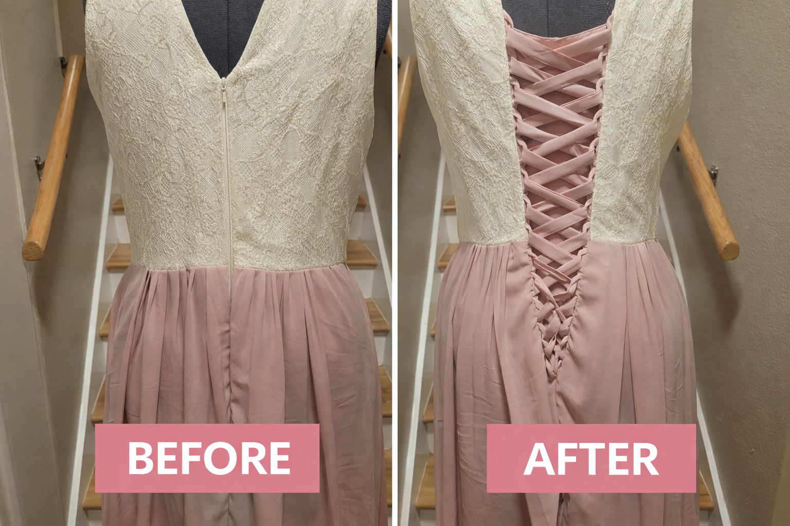 Before-and-after view of a pink formal dress alteration with a revised lace-up corset back